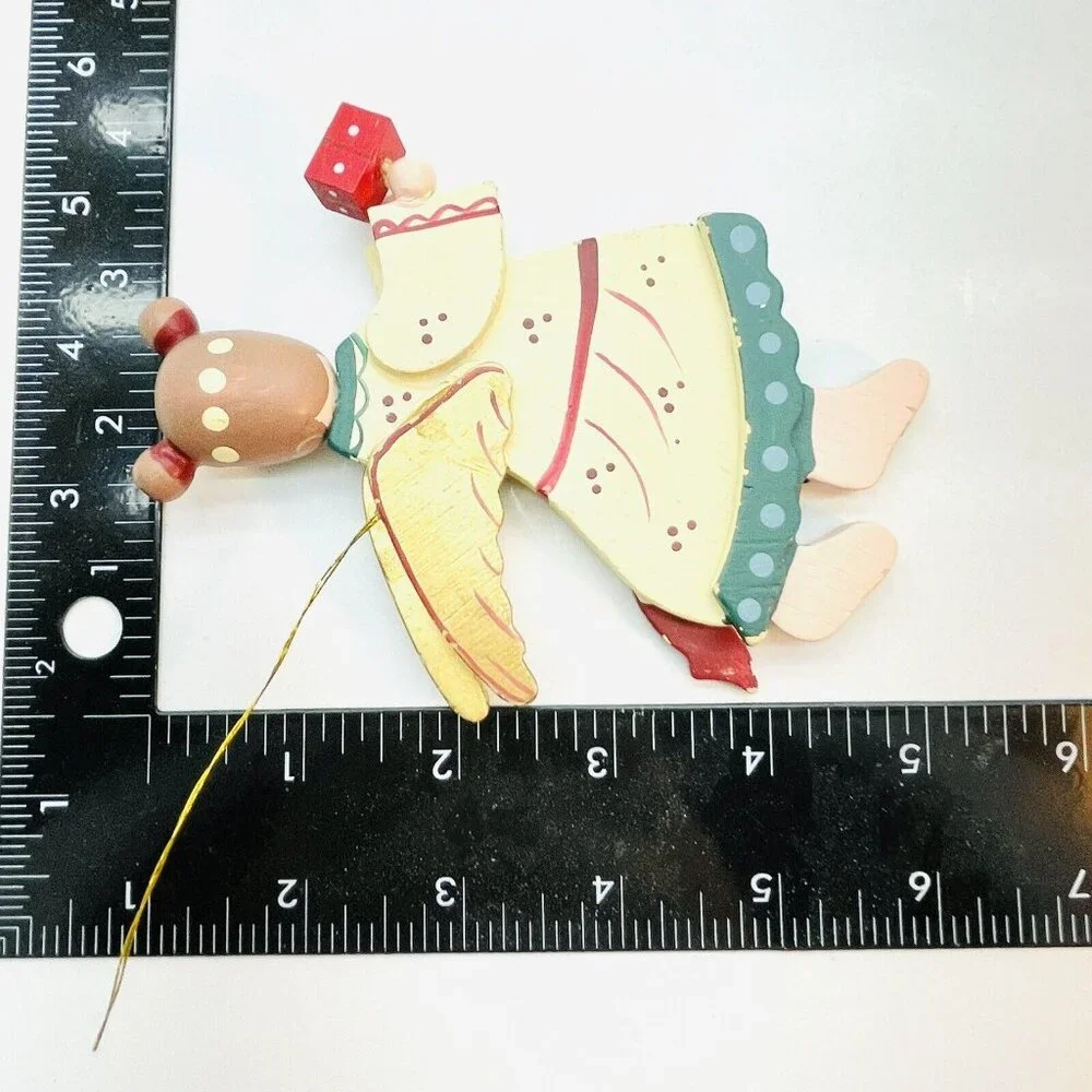 Vintage Whimsical Wooden Angel Gold Wings Handmade Christmas Old Charm Ornament